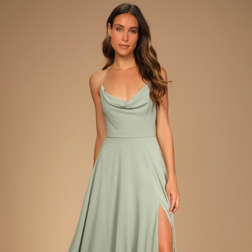 Lulus Romantically Speaking Sage Green Cowl Lace-up Maxi Dress - Size M